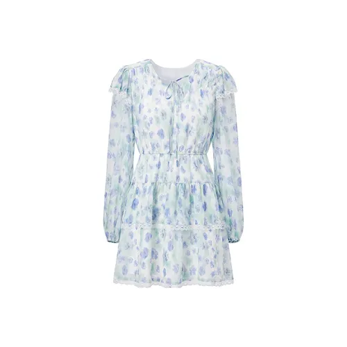 LEDIN Синий Принт В наличии Женские Длинные Платья с Рукавами