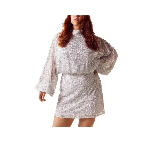 NASTY GAL Большой размер Воздушный шар Рукав Сияющий украшенный Мини Платье Длинный рукав Платье Женское Белое