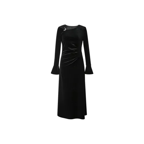 3COLOUR Длинное платье с длинными рукавами женское классическое черное