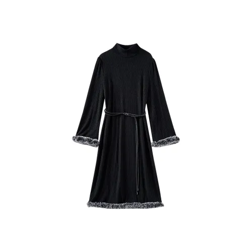 OUNIXUE Длинное платье с длинным рукавом женское черное