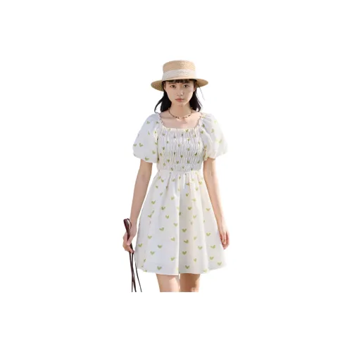 ZIHAN Короткий рукав Платье Женское Бежевое с Маленьким цветочным узором