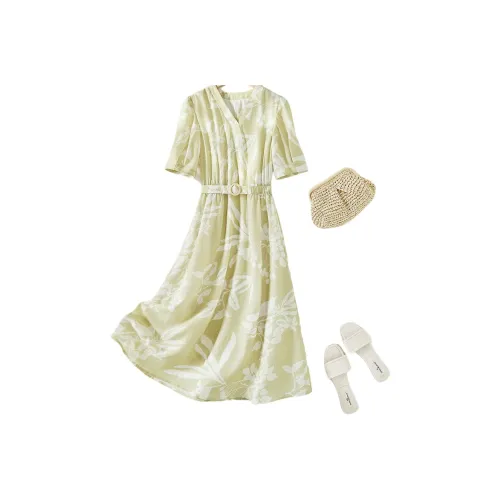 IHIMI Короткий рукав Платье Женское Светло-желтый с принтом