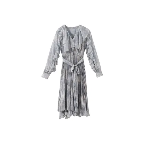 YUMOMO STAR Светло-серый синий Женские Длинные Платья с Рукавами