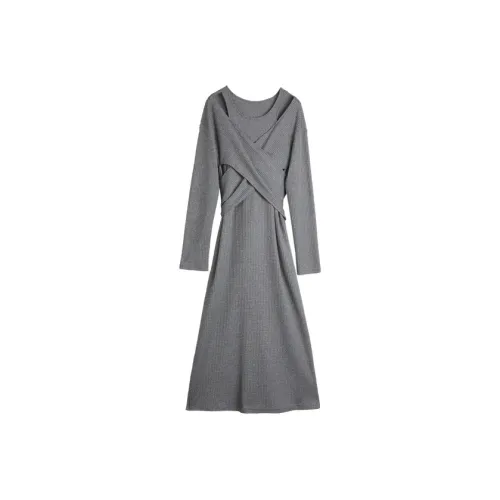 ELLE Длинное платье с длинными рукавами женское светло-серое