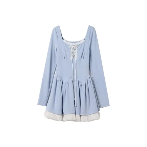 YITOUAGUA Светло-синий Женский Длинный Рукав Платья