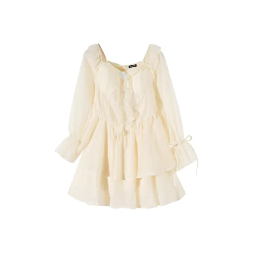 CPAURA Длинное платье с длинными рукавами женское абрикосового цвета