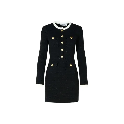 Self Portrait Длинное Платье с Длинными Рукавами Женское Черное