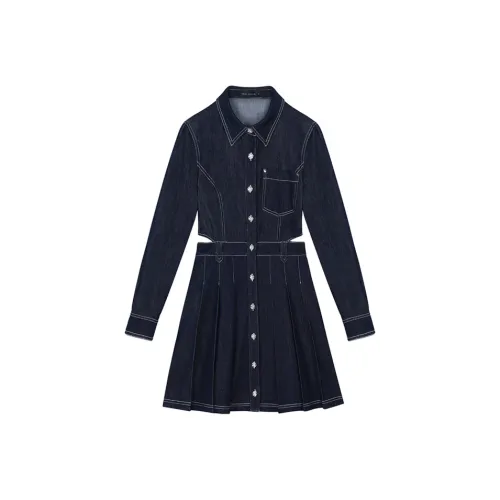 VEGA CHANG SS24 Длинное платье с длинным рукавом женское винтажное темно-синий