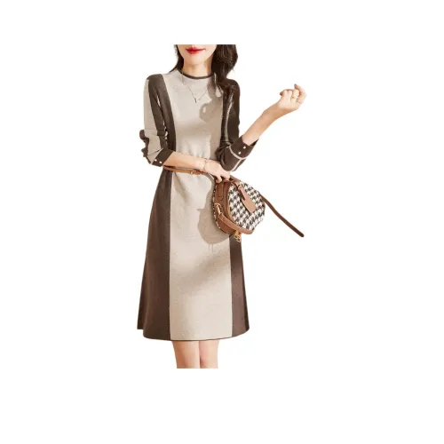 Mo Han Yi Mei Длинное платье с длинными рукавами женское бежевый и кофейный цвет