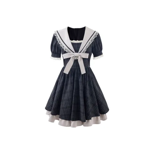 Blovelan Короткий рукав Платье Женское Темный шоколад Клетка