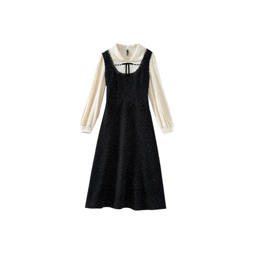 OUNIXUE Длинное платье с длинными рукавами женское черное и абрикосовое