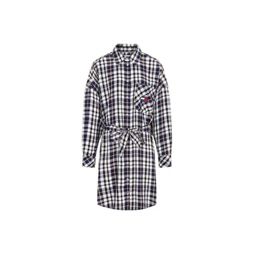 Tommy Hilfiger Черное, белое и синее клетчатое женское платье с длинным рукавом
