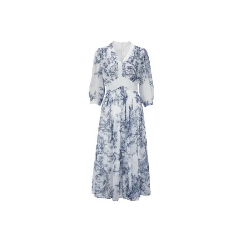 ELLASSAY Длинное платье с длинными рукавами женское синее импрессионистский