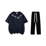 Комплект одежды (Темно-синяя футболка + черные повседневные штаны)