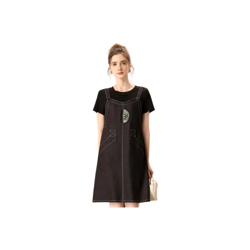 FENHONGMALI Короткий рукав Платье Женское Черное