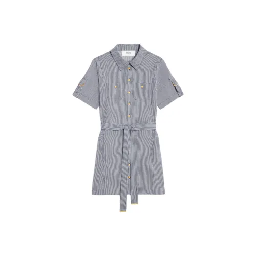 CELINE TRAPEZE Мини Платье в Полосатый Хлопок с Короткими Рукавами Женское Морской Синий