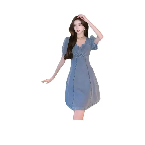 XIAOJUCHUANLI Короткий рукав Платье Женское Джинсовый синий