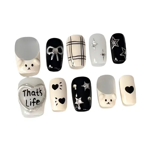 JIXUAN Ручной работы HAND DRAWN Мультяшный False Nail Короткий Черный Однотонный Милый