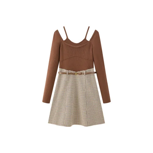 PEACEBIRD Длинное платье с длинным рукавом женское коричневое