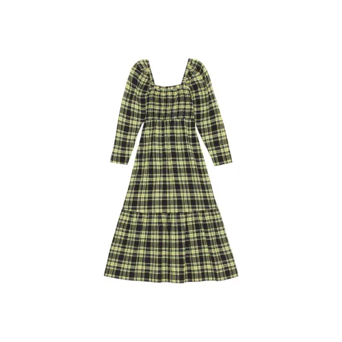 GANNI Длинное платье с длинными рукавами женское эльфийское желтая клетка