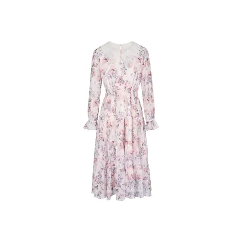 Tulip Taste Розовый Основа Металлическая пряжа Цветочный Женские Длинный рукав Платья