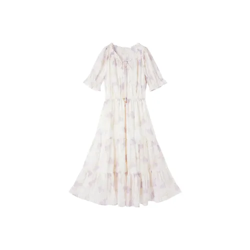 XIANGYING Короткий рукав Платье Женское Экрю