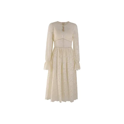 AUNTLUANDUNCLEZHUO Кружево Молочно-белый Женские Длинные Платья с Рукавами