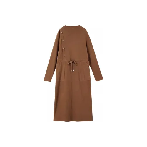 OUNIXUE Длинное платье с длинным рукавом женское кофейного цвета