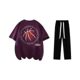 Комплект одежды (Футболка виноградного фиолетового цвета + Черные повседневные штаны)