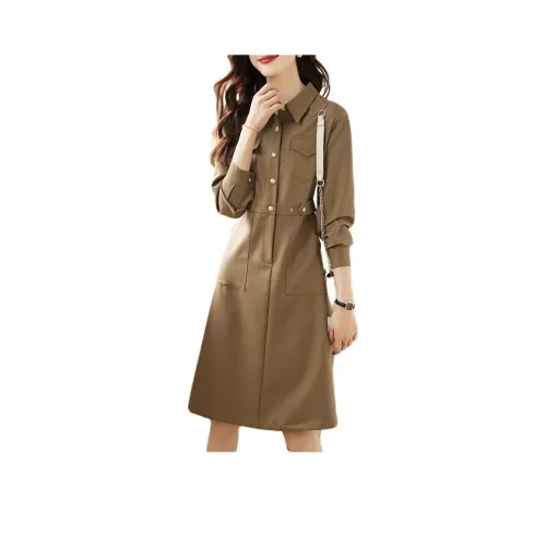 Mo Han Yi Mei Длинное платье с длинными рукавами женское хаки зеленый