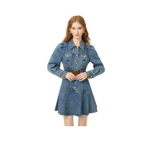 JORYAweekend Длинное платье с длинными рукавами женское джинсовый синий