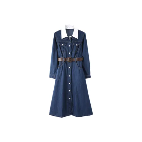 Mo Han Yi Mei Длинное платье с длинными рукавами женское джинсовый синий