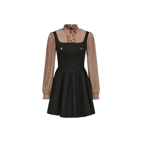 CHIWAWAMEME Длинное платье с длинными рукавами женское кремовый каштановый и гороховый узор черный