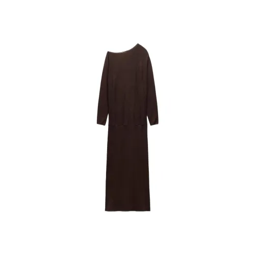ZARA Длинное платье с длинными рукавами женское коричневое