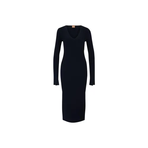 Hugo Boss Длинное платье с длинными рукавами вязаное с ребристой структурой длинное платье женское темно-синий