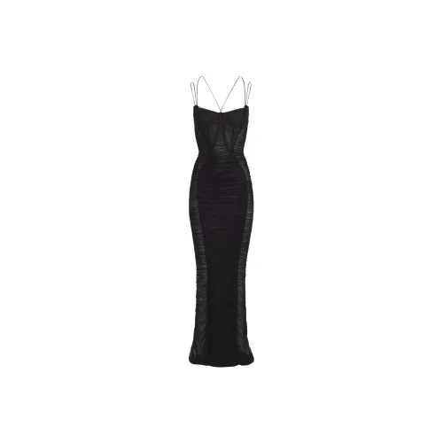 Mugler SS24 Open Back Ruched Mesh Gown Slip Dress Women's Black Муглер SS24 Платье с открытой спиной из сетки с рюшами женское черное