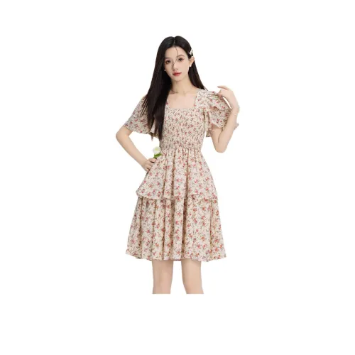 PZGE Короткий рукав Платье Женское Абрикосовый Розовый