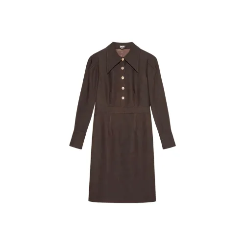 DKNY Длинное платье с длинными рукавами женское темно-кофейное