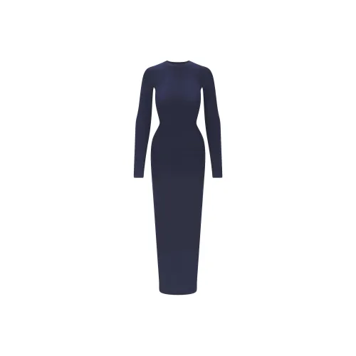 SKIMS FW24 FITS EVERYBODY Круглый вырез Длинный рукав Платье Длинный рукав Платье Женское Темно-синий Морской синий
