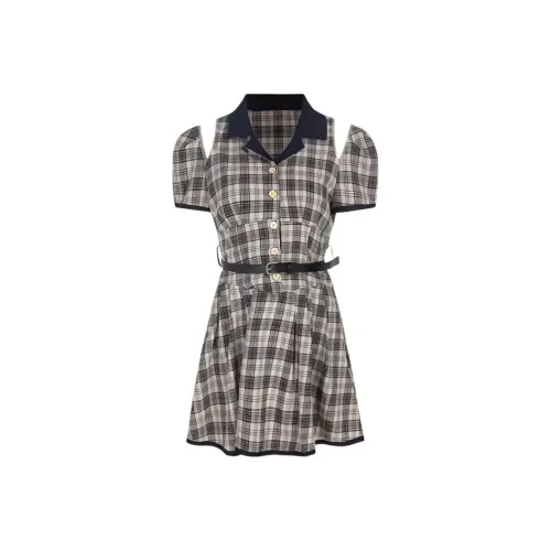 IQC Короткий рукав Платье Женское Клетка Юбка