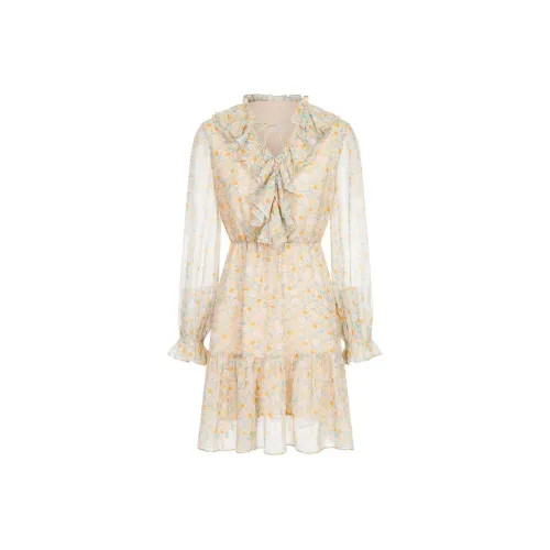 JZ Juzui Платье Женское Цветочный Дизайн Желтый Зеленый