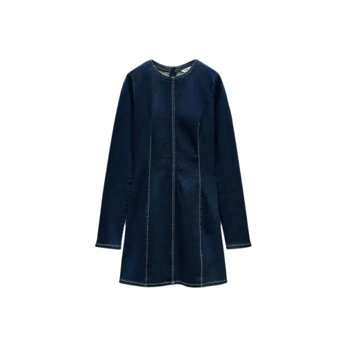 ZARA Trf Длинное Платье с Длинными Рукавами Женское Индиго