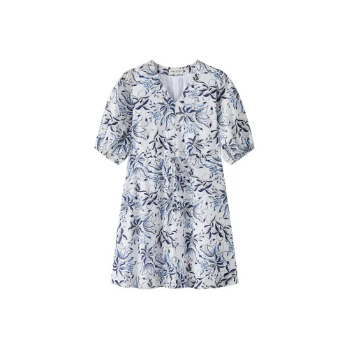 MARC OPOLO SS24 Короткое платье с короткими рукавами женское белый синий керамика с принтом