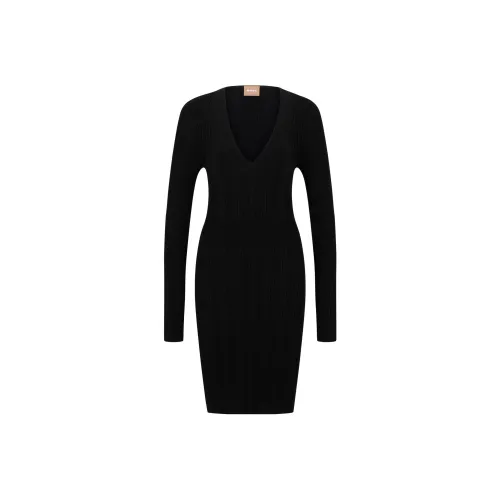 HUGO BOSS Черное Женское Длинное Платье с Длинным Рукавом