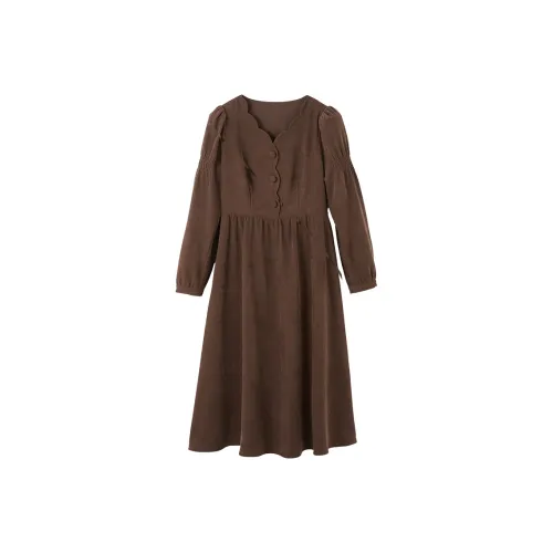 XIANGYING Длинное платье с длинными рукавами женское кофейного цвета