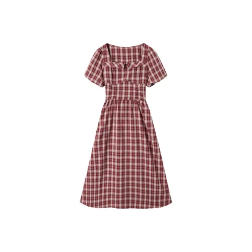 EICHITOO Короткое платье с короткими рукавами женское темно-красное в клетку
