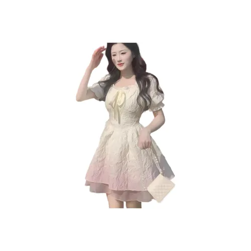 The Temptation Of The Muse Короткий рукав Платье Женское Белое Персиковый