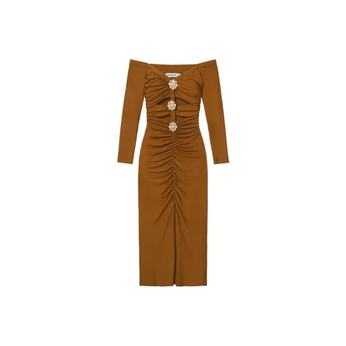 Self Портрет Длинный Sleeved Платье Женские Соус Коричневый