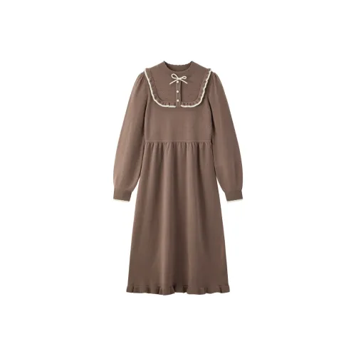 LEDIN Длинное платье с длинным рукавом женское латте коричневый