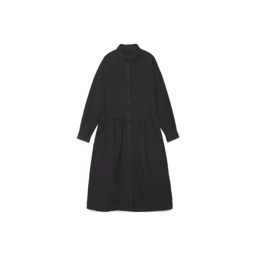 MUJI Длинное платье с длинными рукавами женское черное